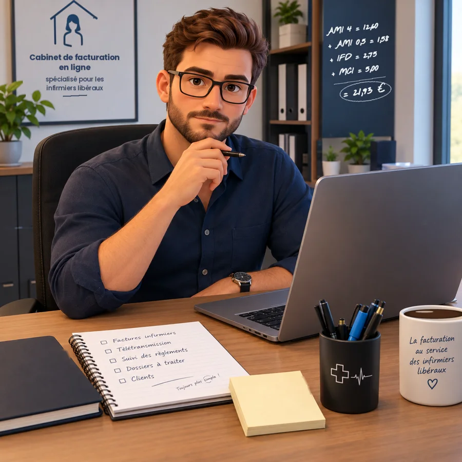 Victor IA, le facturier de Simply Factu : un homme à lunettes en chemise bleu marine, à son bureau, devant une ardoise de calculs de cotation.